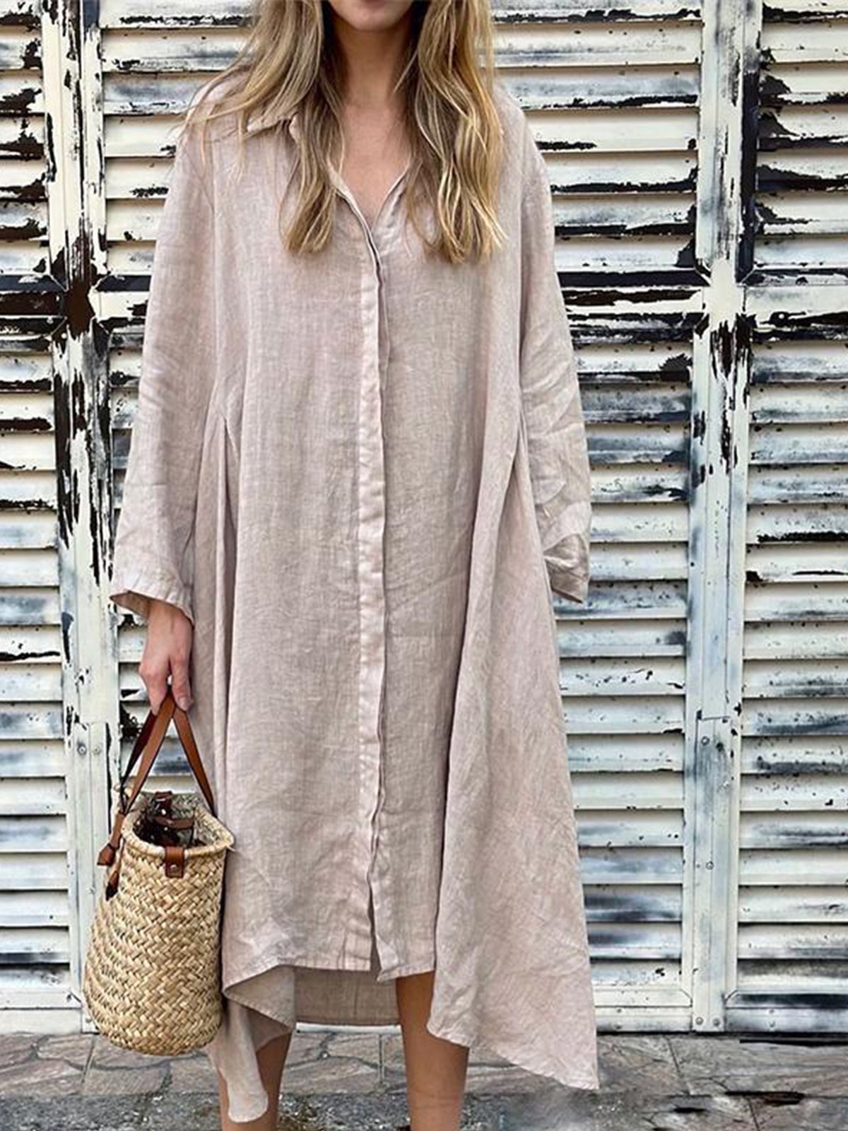 Femmes Plain Vert Foncé Col de Chemise Confortable Robe Mi-Longue Décontracté