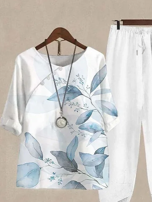 Deux Pièces Ensembles Femmes Décontracté Floral Été Polyester Imprimé Naturel Quotidien Col Rond Top Avec Pantalons