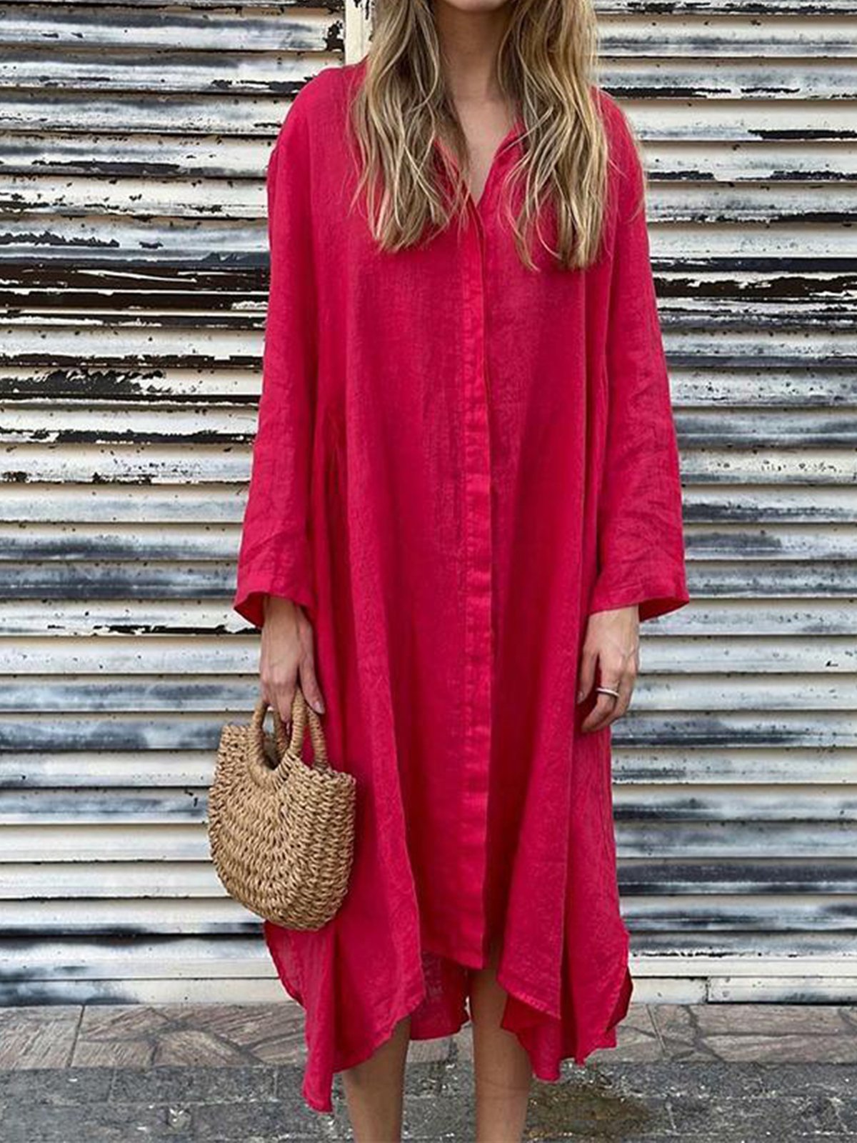 Femmes Plain Vert Foncé Col de Chemise Confortable Robe Mi-Longue Décontracté