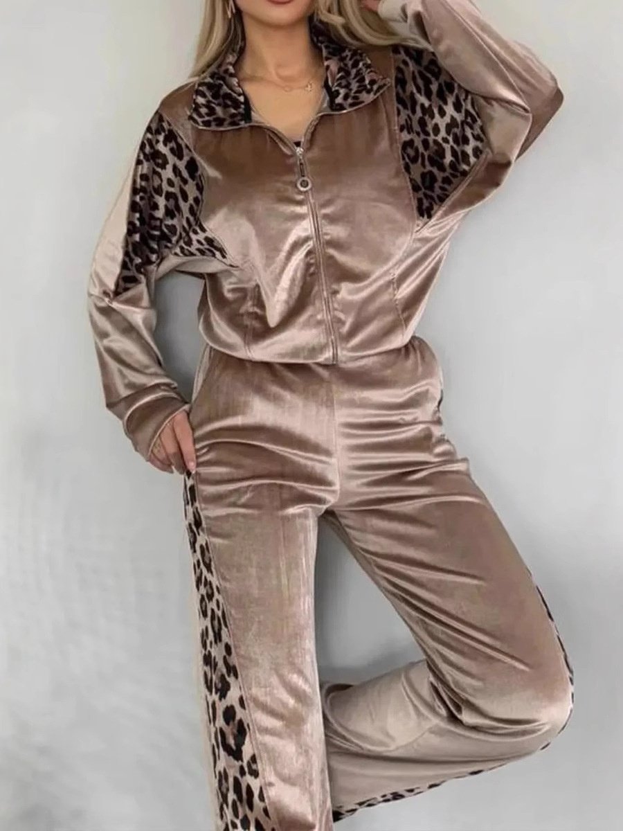 Deux Pièces Ensembles Femmes Élégant Motif Léopard Printemps / Automne Polyester Joint Fendu Manches Longues Col Rond Top Avec Pantalons Droit