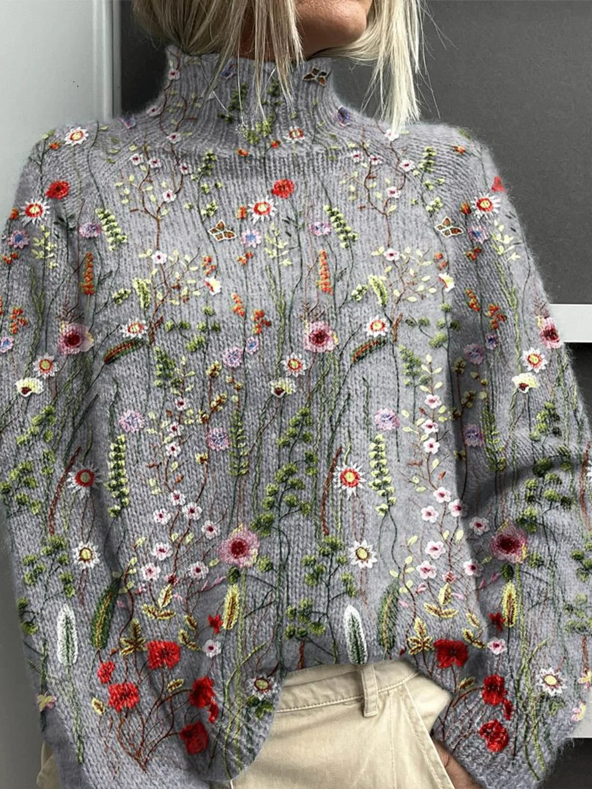 Pulls Simple Floral Printemps / Automne Micro-élasticité Quotidien Coupe Régulière Col Roulé Régulier Régulier pour Femmes