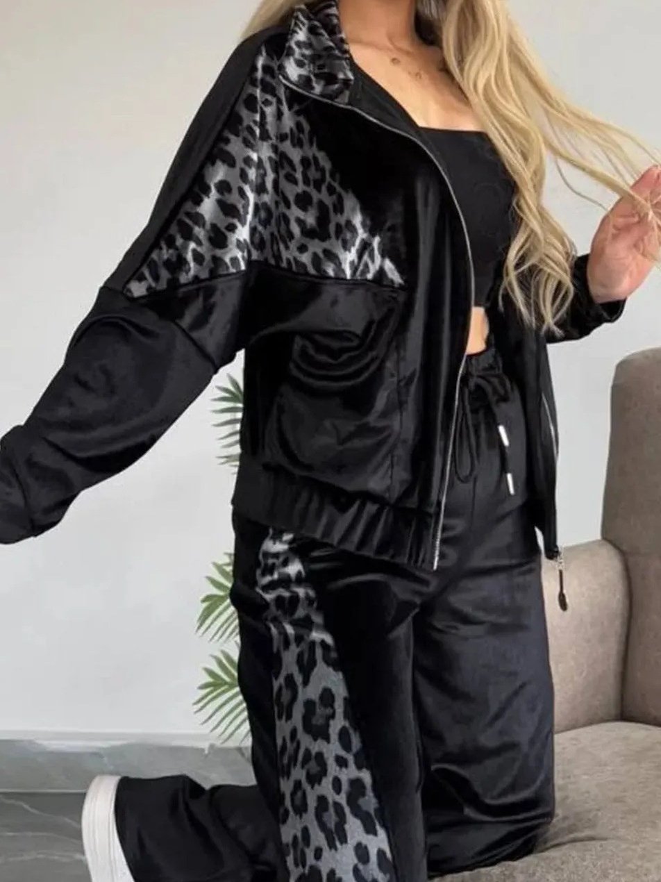 Deux Pièces Ensembles Femmes Élégant Motif Léopard Printemps / Automne Polyester Joint Fendu Manches Longues Col Rond Top Avec Pantalons Droit