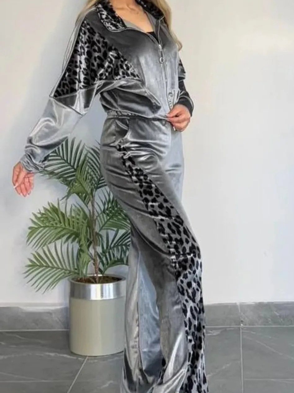 Deux Pièces Ensembles Femmes Élégant Motif Léopard Printemps / Automne Polyester Joint Fendu Manches Longues Col Rond Top Avec Pantalons Droit
