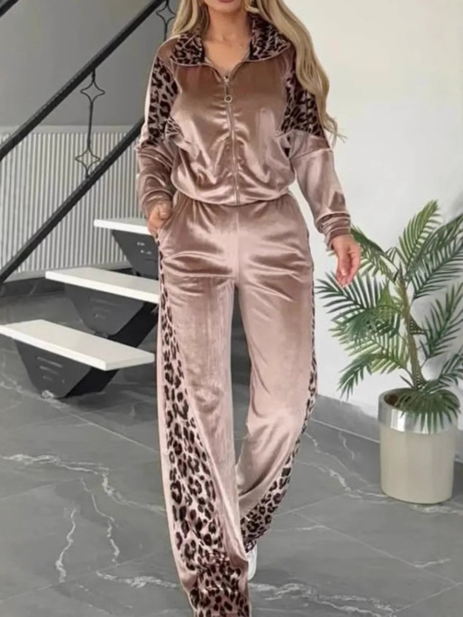 Deux Pièces Ensembles Femmes Élégant Motif Léopard Printemps / Automne Polyester Joint Fendu Manches Longues Col Rond Top Avec Pantalons Droit