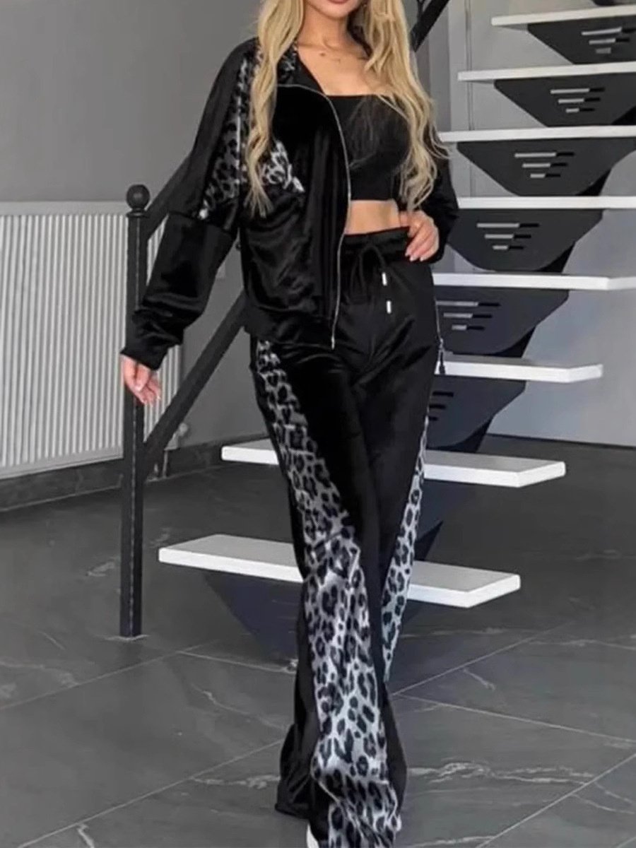 Deux Pièces Ensembles Femmes Élégant Motif Léopard Printemps / Automne Polyester Joint Fendu Manches Longues Col Rond Top Avec Pantalons Droit