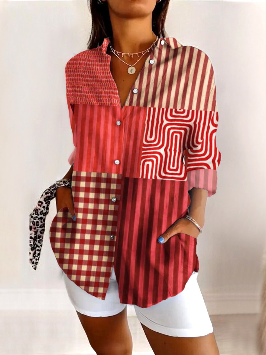 Chemises Décontracté Printemps / Automne Abstrait Graphique Polyester Col V Micro-élasticité Quotidien Coupe Régulière Manches Longues pour Femmes