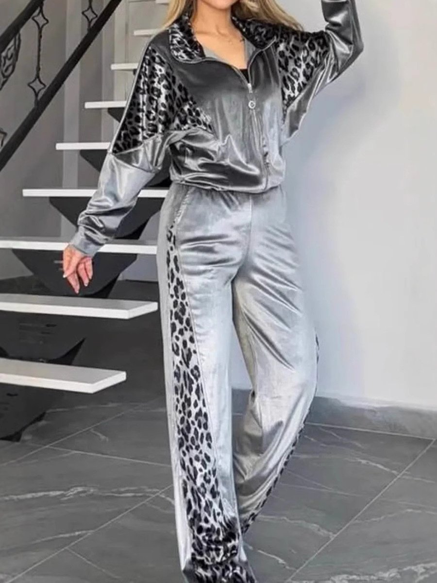 Deux Pièces Ensembles Femmes Élégant Motif Léopard Printemps / Automne Polyester Joint Fendu Manches Longues Col Rond Top Avec Pantalons Droit