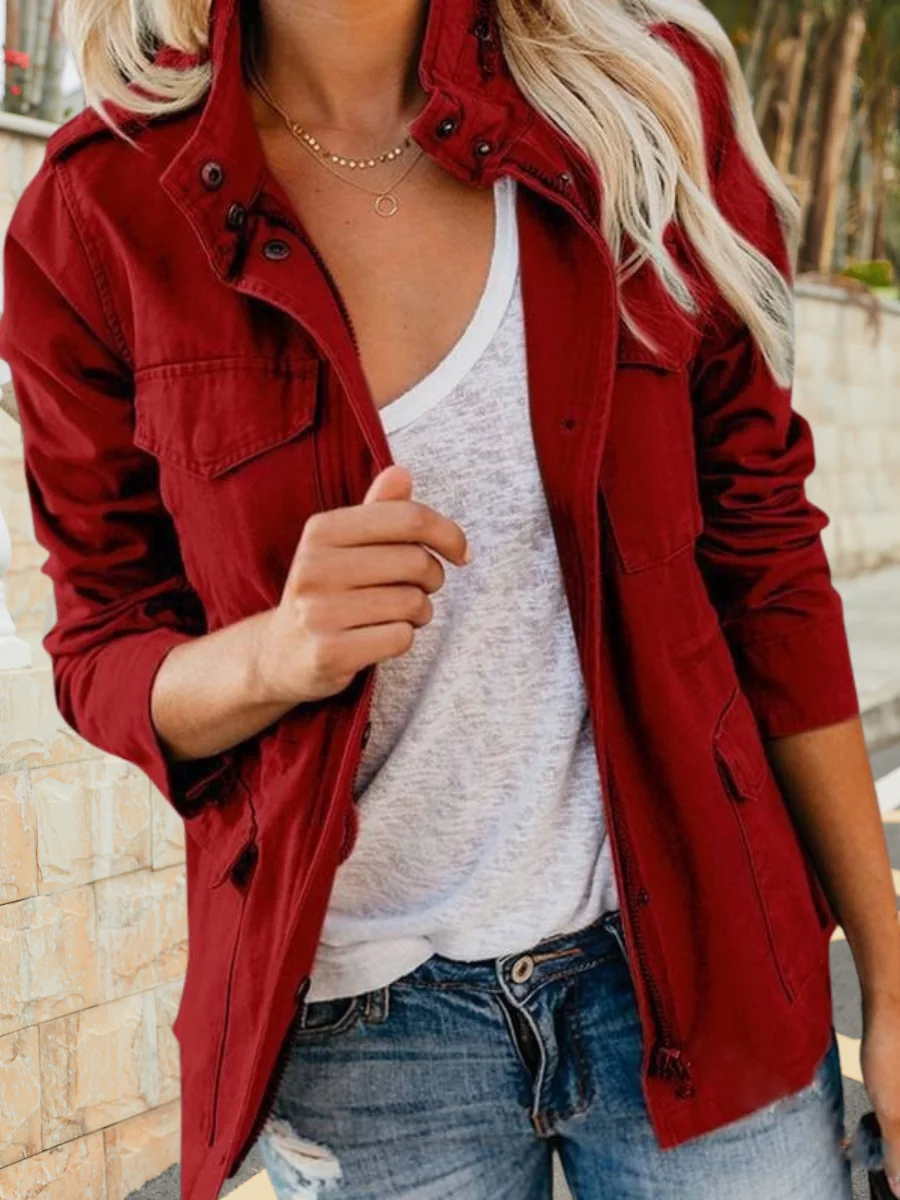 Micro-élasticité Col Montant Manches Longues Régulier Plain Blouson Aviateur Blouson Joint Fendu pour Femmes