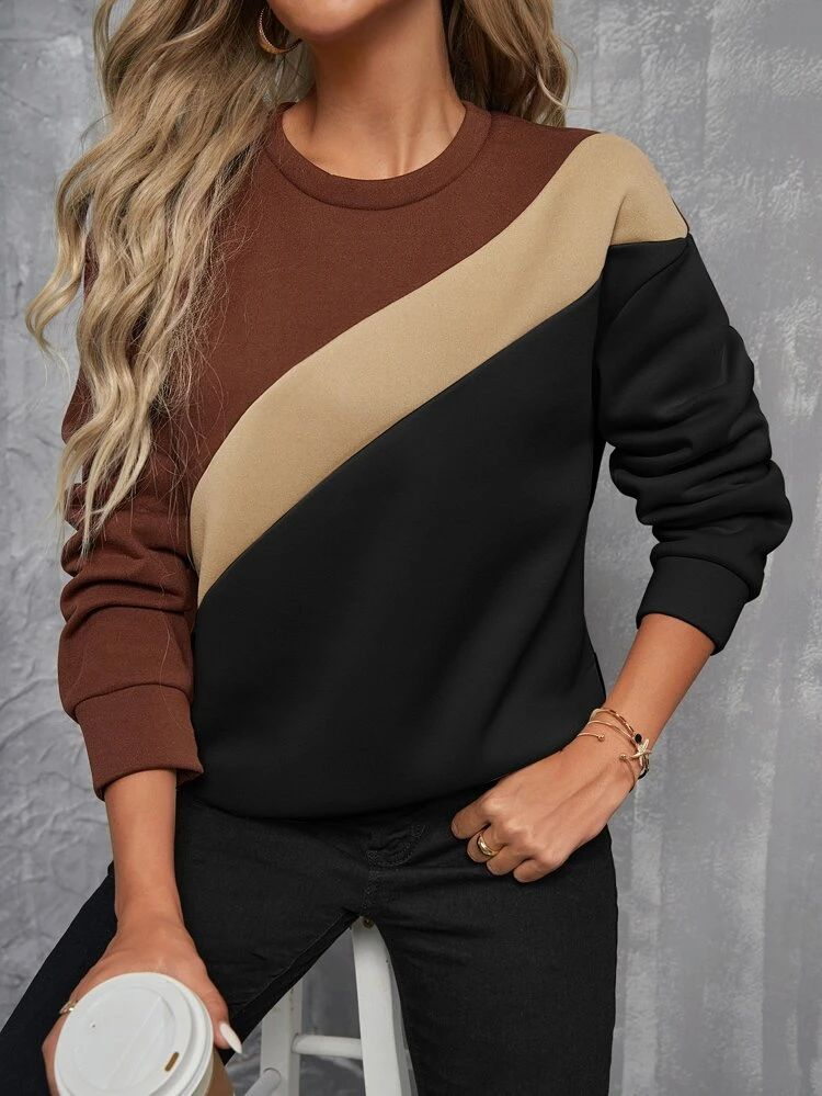 Sweat-shirts Femmes Décontracté Printemps / Automne Multicolore Bloc Polyester Imprimé Aucune élasticité Ample Col Rond Régulier