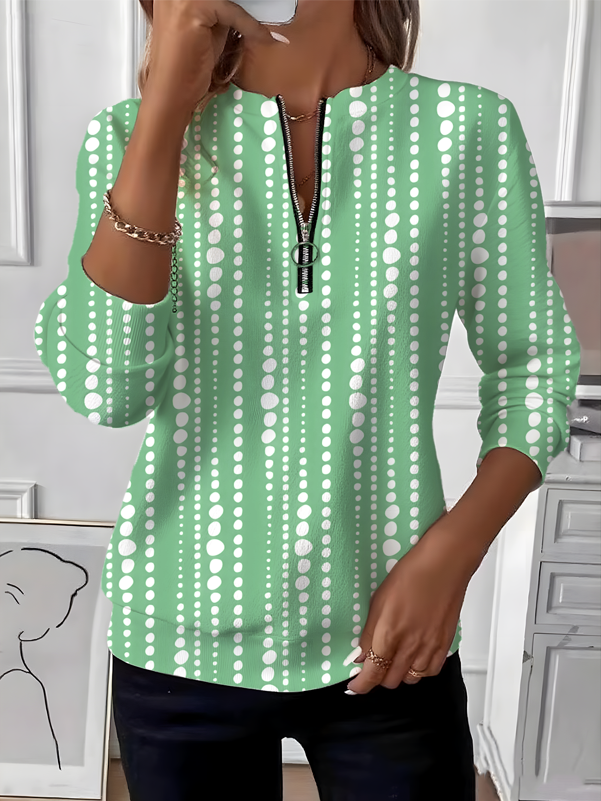 Sweat-shirts Pois Polka Rétro Printemps / Automne Naturel Micro-élasticité Ample Manches Longues Régulier Régulier pour Femmes