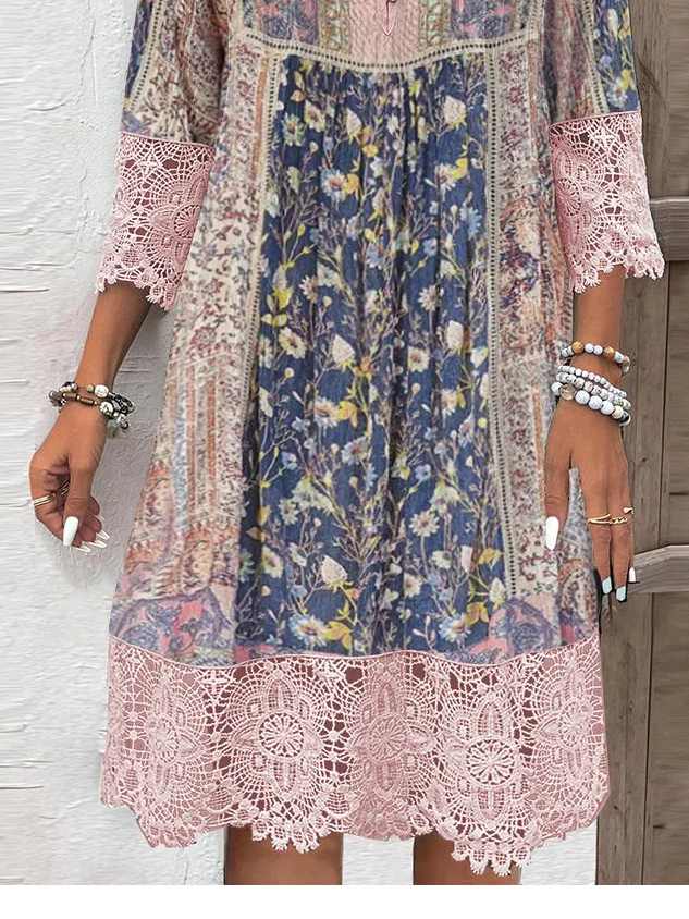 Femmes Floral Rose Col V Confortable Joint Fendu Robe Maxi Rétro