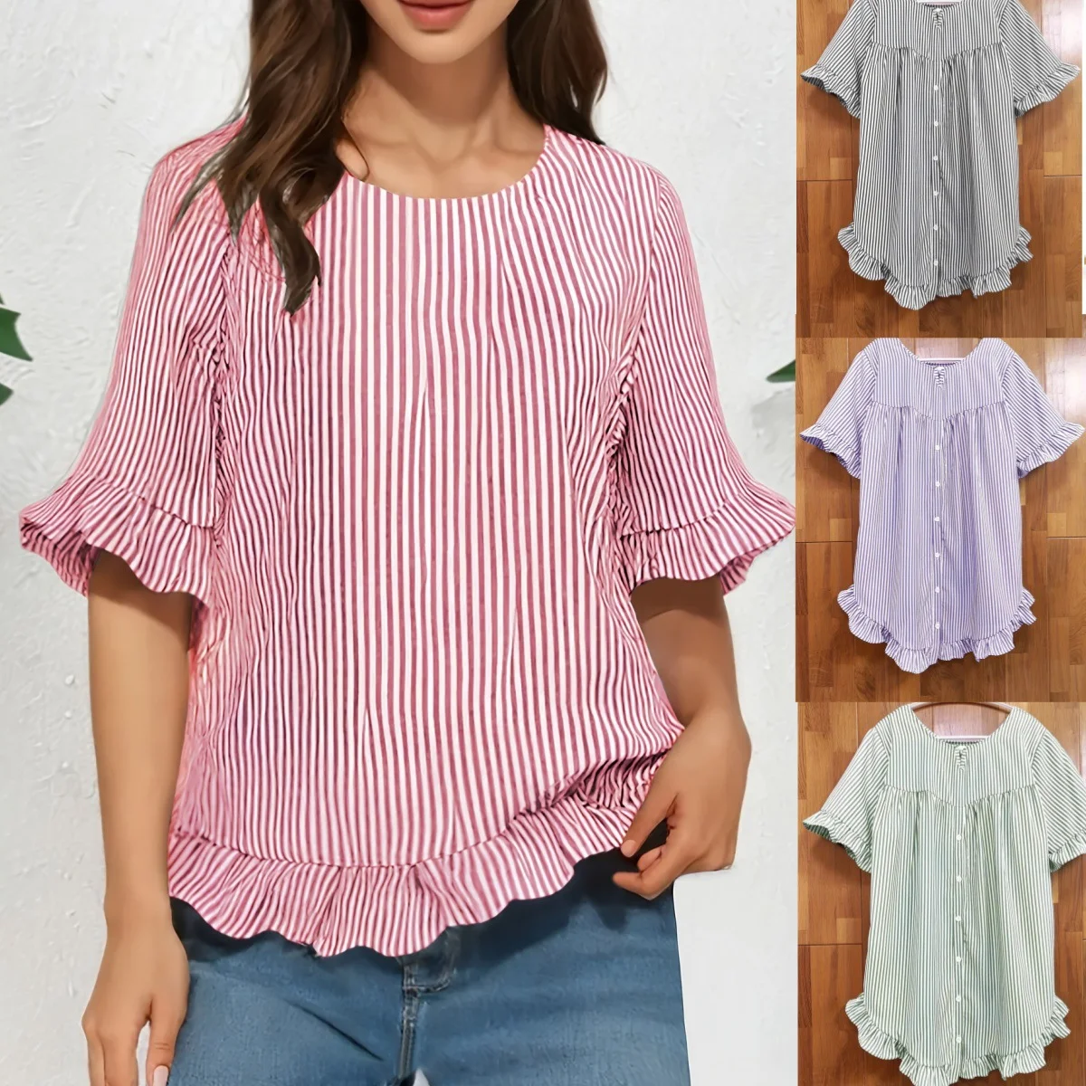 Chemises Femmes Rayé Décontracté Été Polyester Quotidien Manches Courtes Col Rond Trapèze Régulier