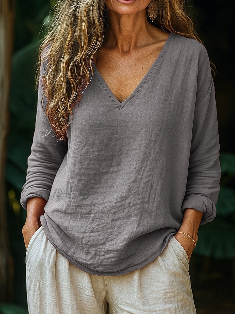 T-shirts Décontracté Plain Printemps / Automne Coton Col V Micro-élasticité Coupe Régulière Manches Longues Trapèze pour Femmes