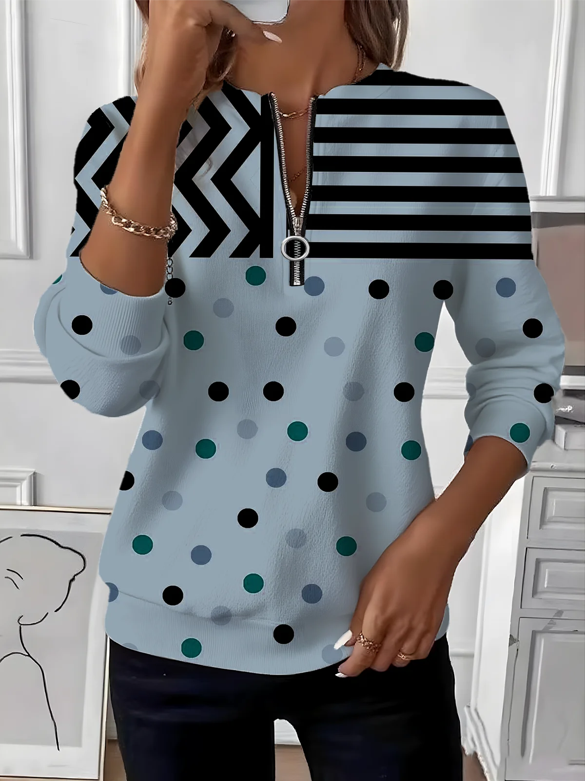 Sweat-shirts Pois Polka Décontracté Printemps / Automne Naturel Micro-élasticité Domestique Ample Droit Régulier pour Femmes