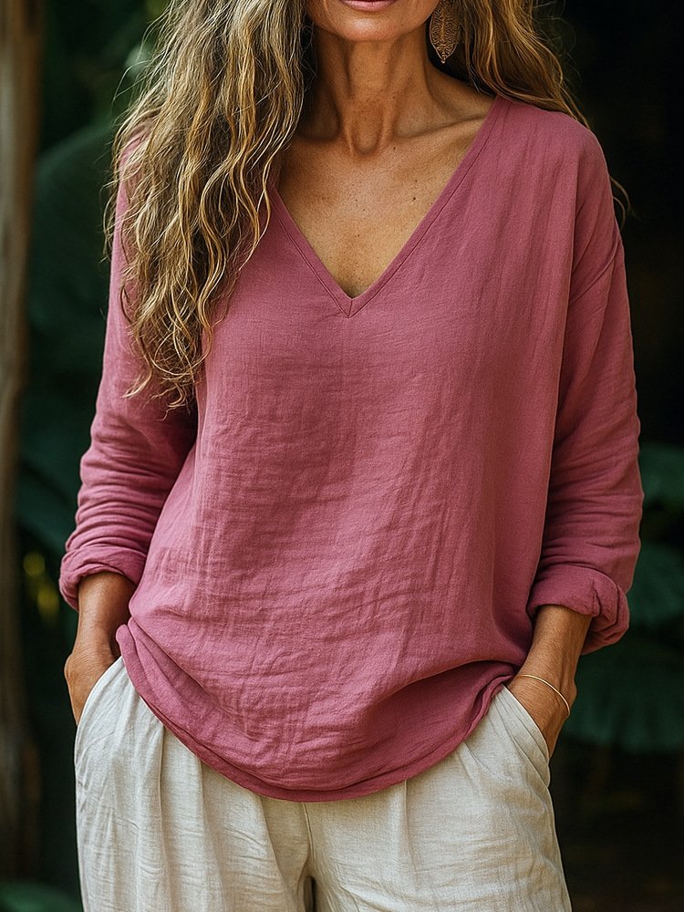 T-shirts Décontracté Plain Printemps / Automne Coton Col V Micro-élasticité Coupe Régulière Manches Longues Trapèze pour Femmes