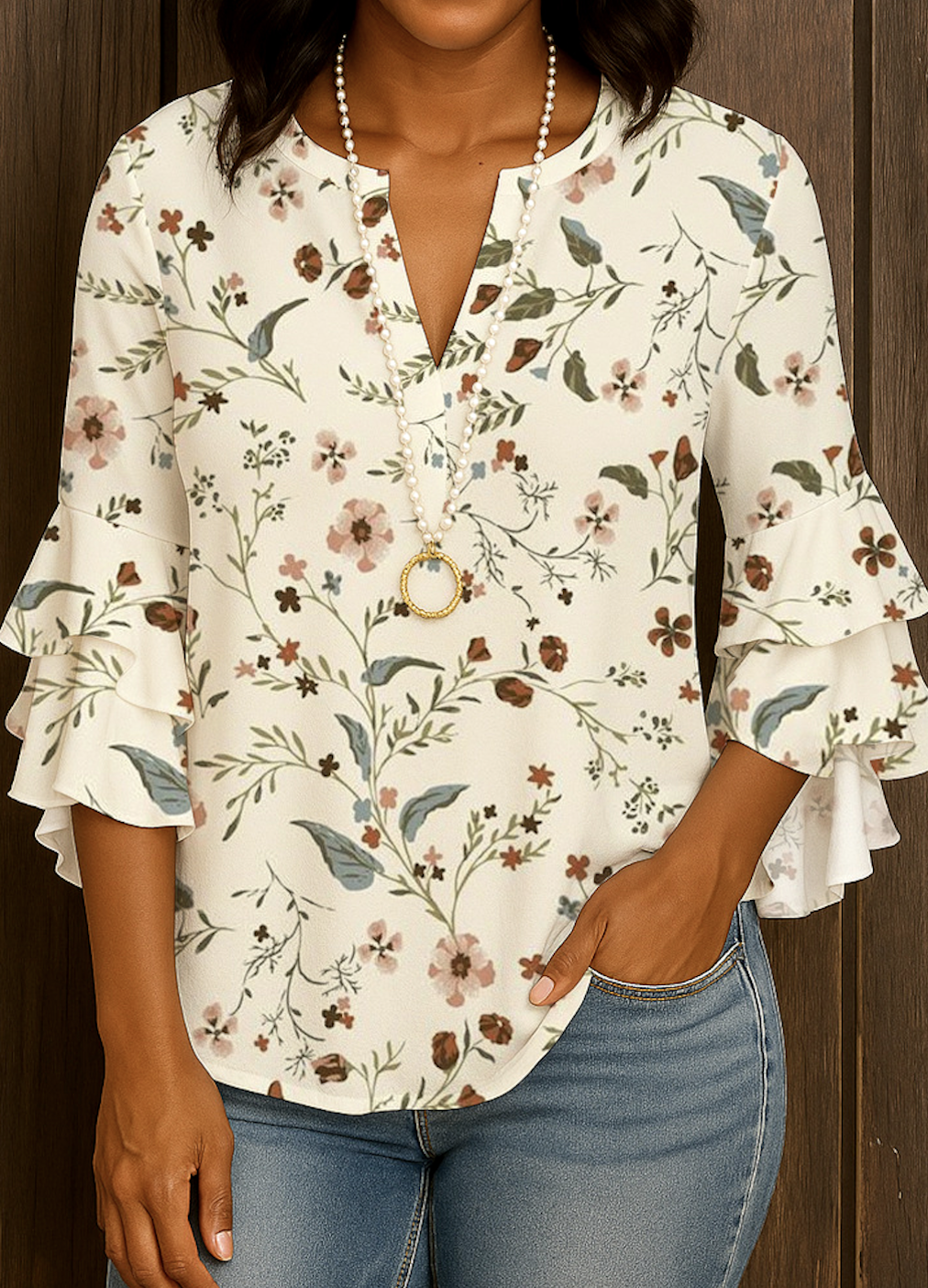 Chemises Femmes Décontracté Floral Printemps / Automne Col V Micro-élasticité Quotidien Coupe Régulière Manches Longues Régulier