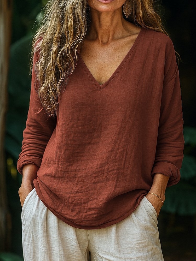 T-shirts Décontracté Plain Printemps / Automne Coton Col V Micro-élasticité Coupe Régulière Manches Longues Trapèze pour Femmes