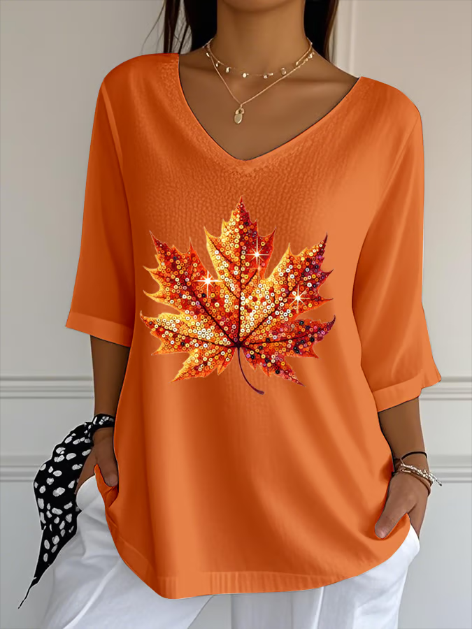 T-shirts Décontracté Printemps / Automne Feuille d'Érable Polyester Col V Imprimé Quotidien Régulier Ligne T pour Femmes