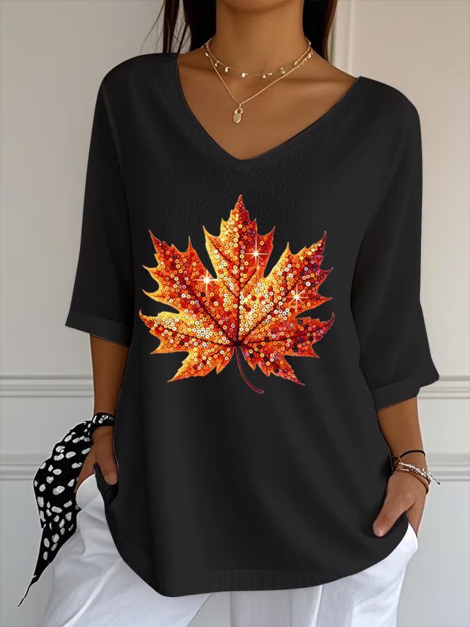 T-shirts Décontracté Printemps / Automne Feuille d'Érable Polyester Col V Imprimé Quotidien Régulier Ligne T pour Femmes