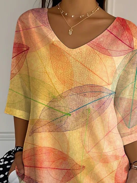 T-shirts Décontracté Printemps / Automne Feuille Polyester Col V Quotidien Ample Ligne T Régulier pour Femmes