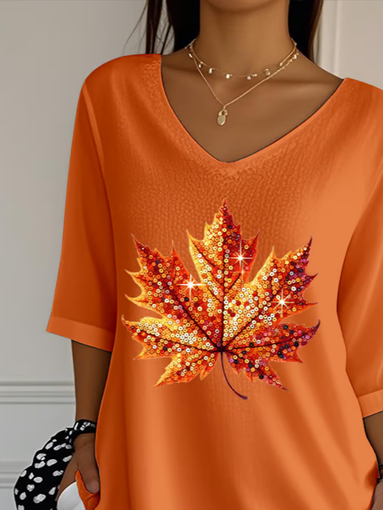 T-shirts Décontracté Printemps / Automne Feuille d'Érable Polyester Col V Imprimé Quotidien Régulier Ligne T pour Femmes