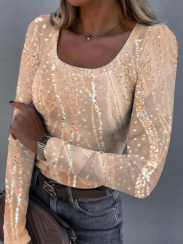 T-shirts Femmes Géométrique Décontracté Printemps / Automne Coton Micro-élasticité Coupe Régulière Régulier Droit Col en U