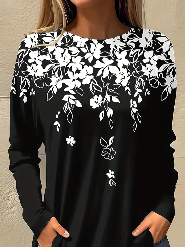 T-shirts Femmes Décontracté Floral Printemps / Automne Imprimé Micro-élasticité Ample Jersey Manches Longues Régulier