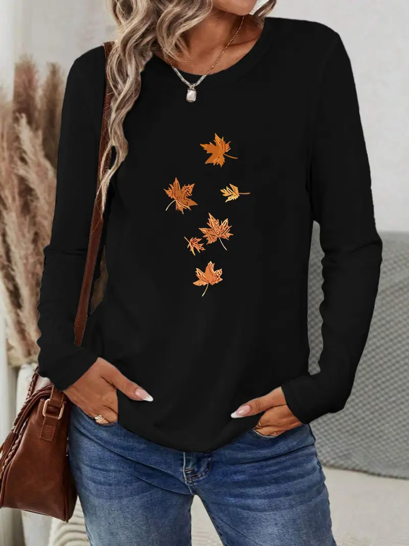 T-shirts Femmes Décontracté Printemps / Automne Feuille d'Érable Imprimé Micro-élasticité Jersey Manches Longues Régulier Régulier
