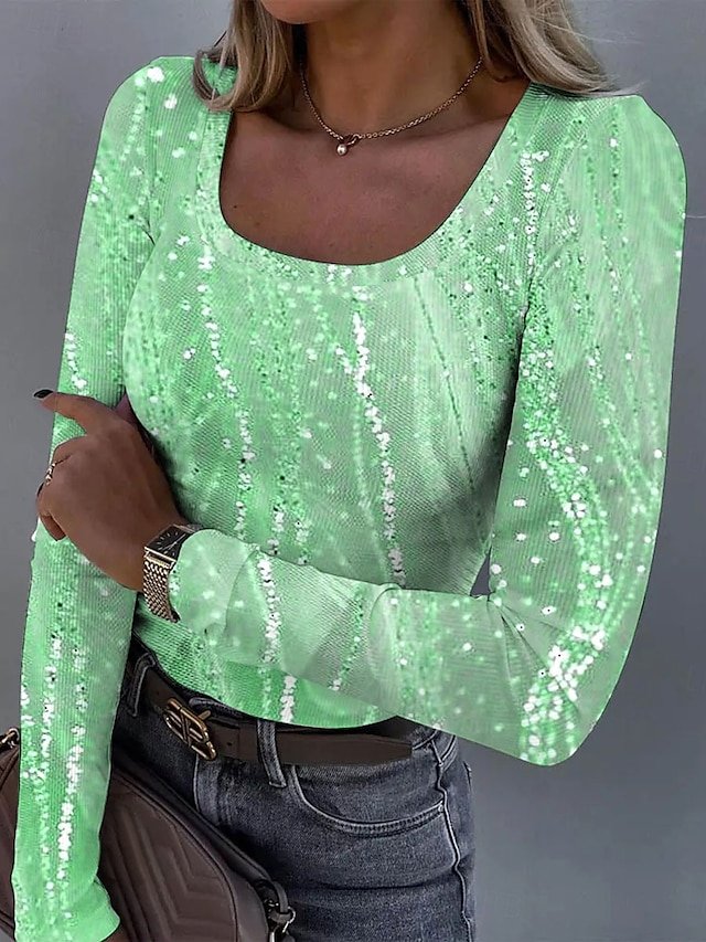 T-shirts Femmes Géométrique Décontracté Printemps / Automne Coton Micro-élasticité Coupe Régulière Régulier Droit Col en U