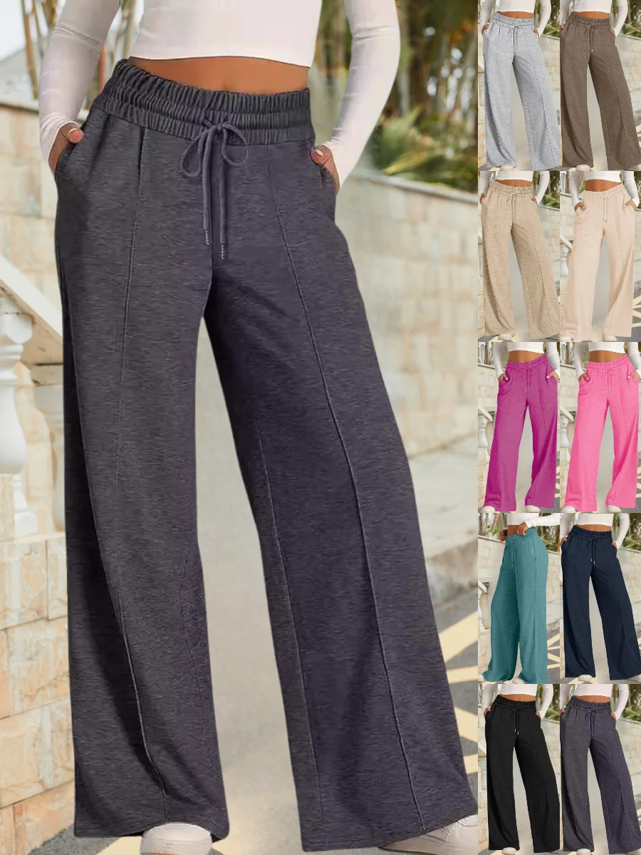 Pantalons Basique Plain Printemps / Automne Joint Fendu Naturel Quotidien Taille Élastique Pantalons à Jambe Large Régulier pour Femmes