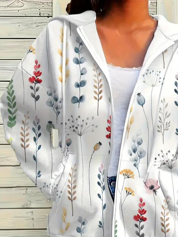 Micro-élasticité Sweat-shirt à Capuche Manches Longues Régulier Floral Sweat à capuche zippé Blouson Imprimé pour Femmes