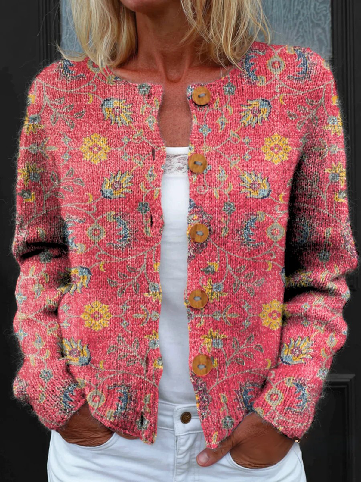 Cardigans Floral Rétro Printemps / Automne Tricoté Micro-élasticité Journée Boutons Manches Longues Droit pour Femmes