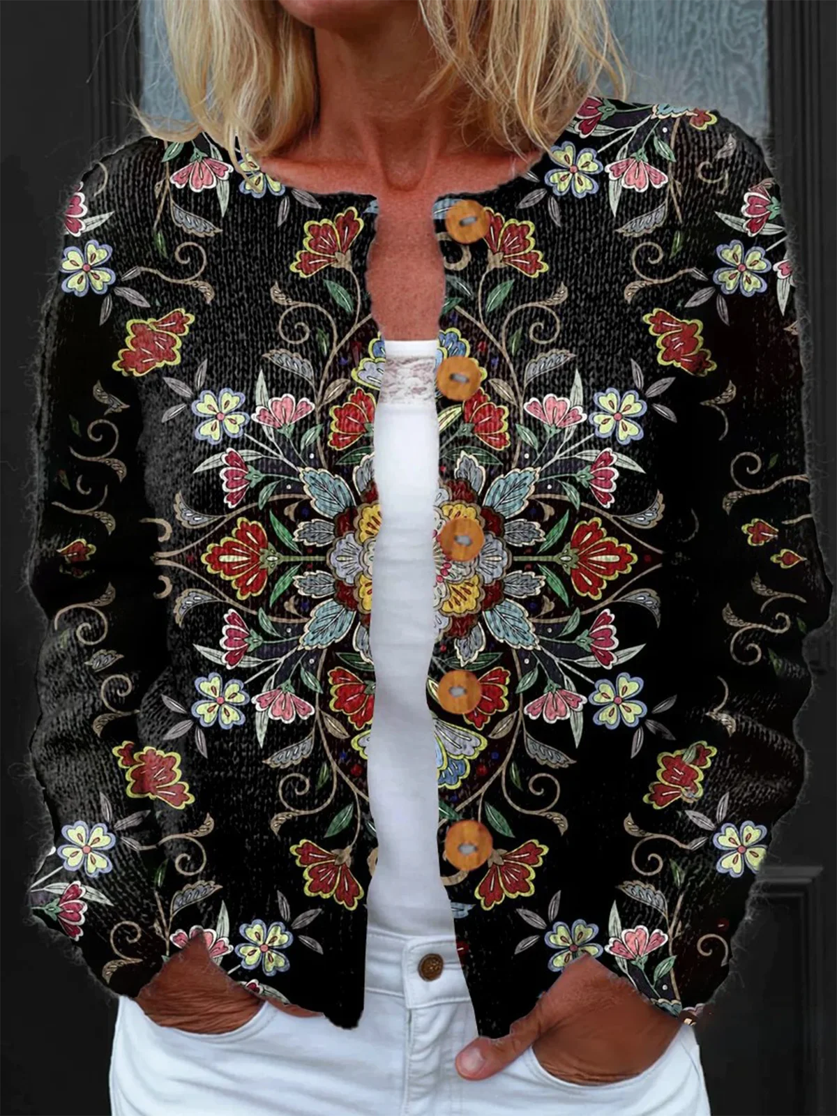 Cardigans Femmes Floral Paysan Printemps / Automne Journée Boutons Manches Longues Régulier Droit Régulier