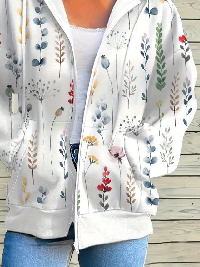 Micro-élasticité Sweat-shirt à Capuche Manches Longues Régulier Floral Sweat à capuche zippé Blouson Imprimé pour Femmes
