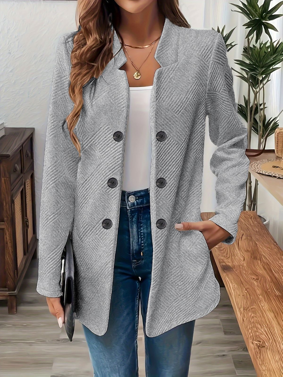 Micro-élasticité Col Montant Manches Longues Régulier Plain Blazer pour Femmes