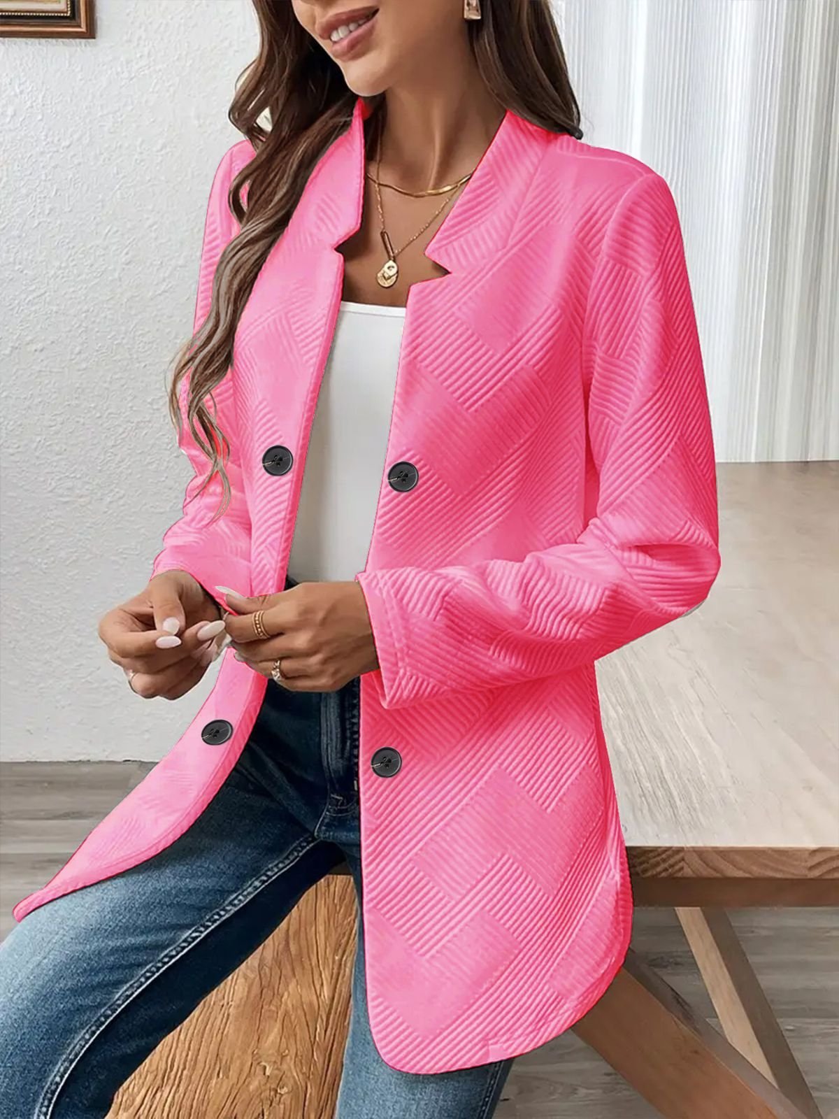 Micro-élasticité Col Montant Manches Longues Régulier Plain Blazer pour Femmes