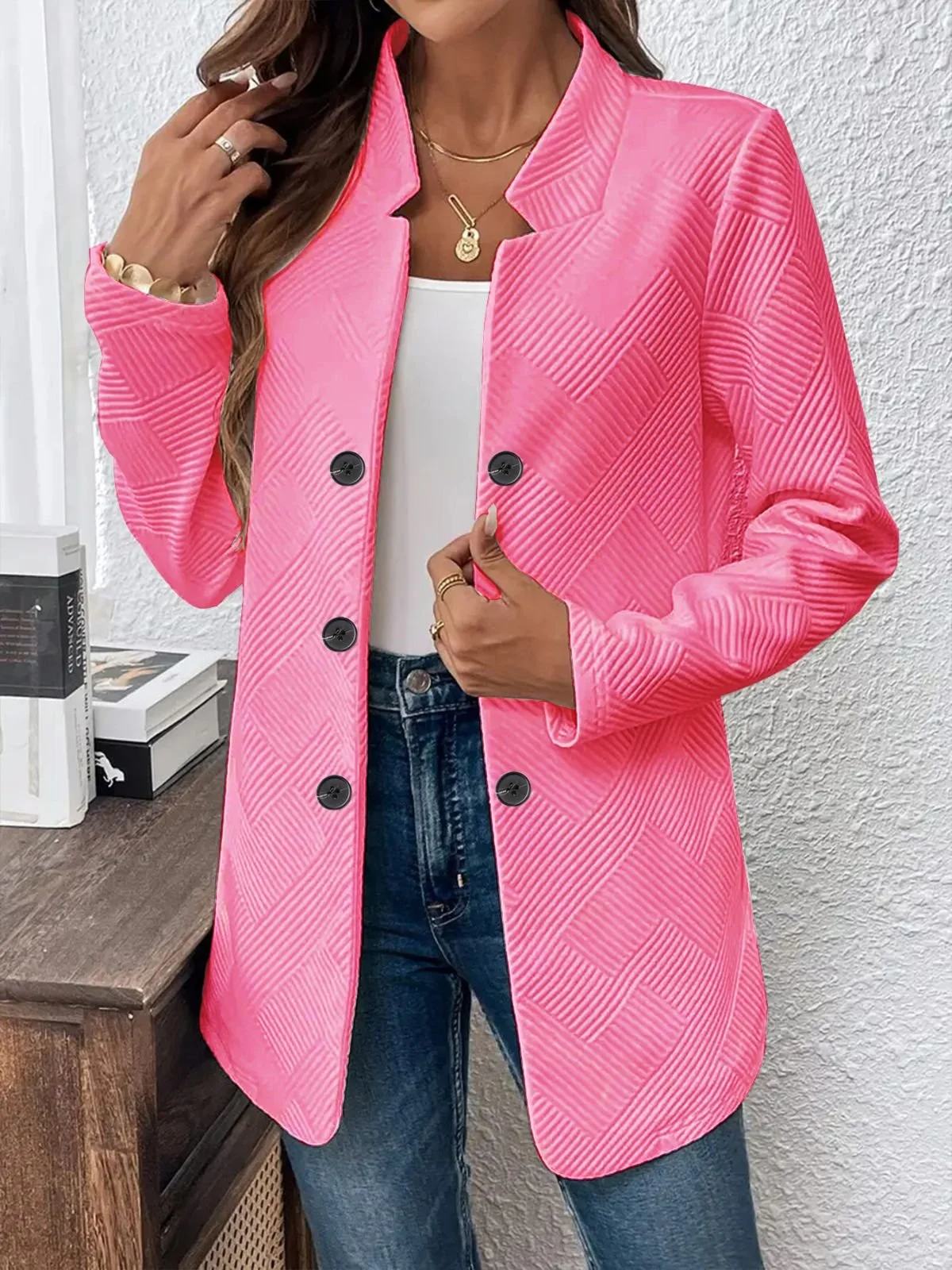 Micro-élasticité Col Montant Manches Longues Régulier Plain Blazer pour Femmes