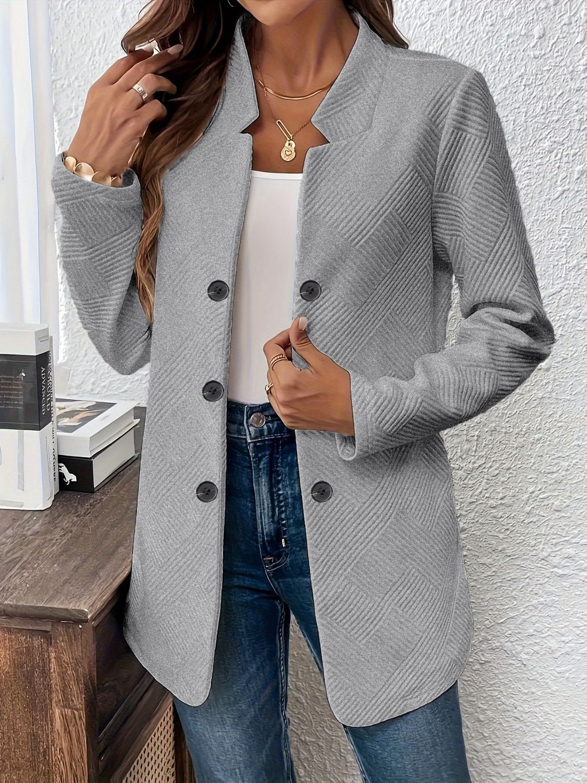 Micro-élasticité Col Montant Manches Longues Régulier Plain Blazer pour Femmes
