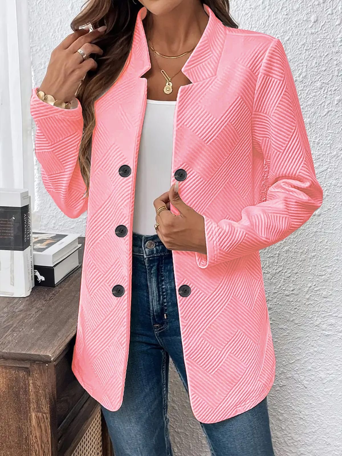 Micro-élasticité Col Montant Manches Longues Régulier Plain Blazer pour Femmes