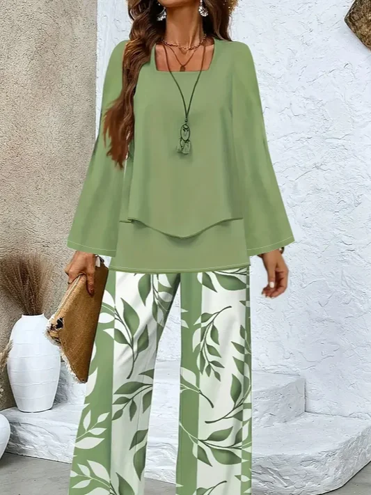 Deux Pièces Ensembles Simple Floral Printemps / Automne Col Carré Imprimé Naturel Quotidien Top Avec Pantalons Régulier pour Femmes