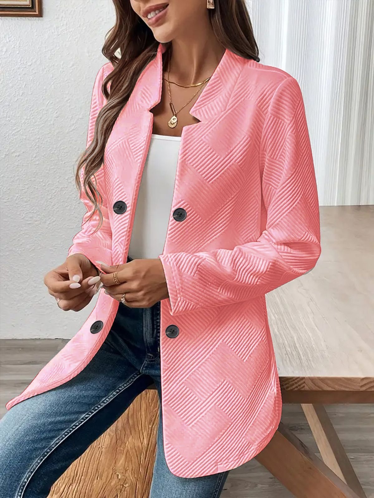 Micro-élasticité Col Montant Manches Longues Régulier Plain Blazer pour Femmes