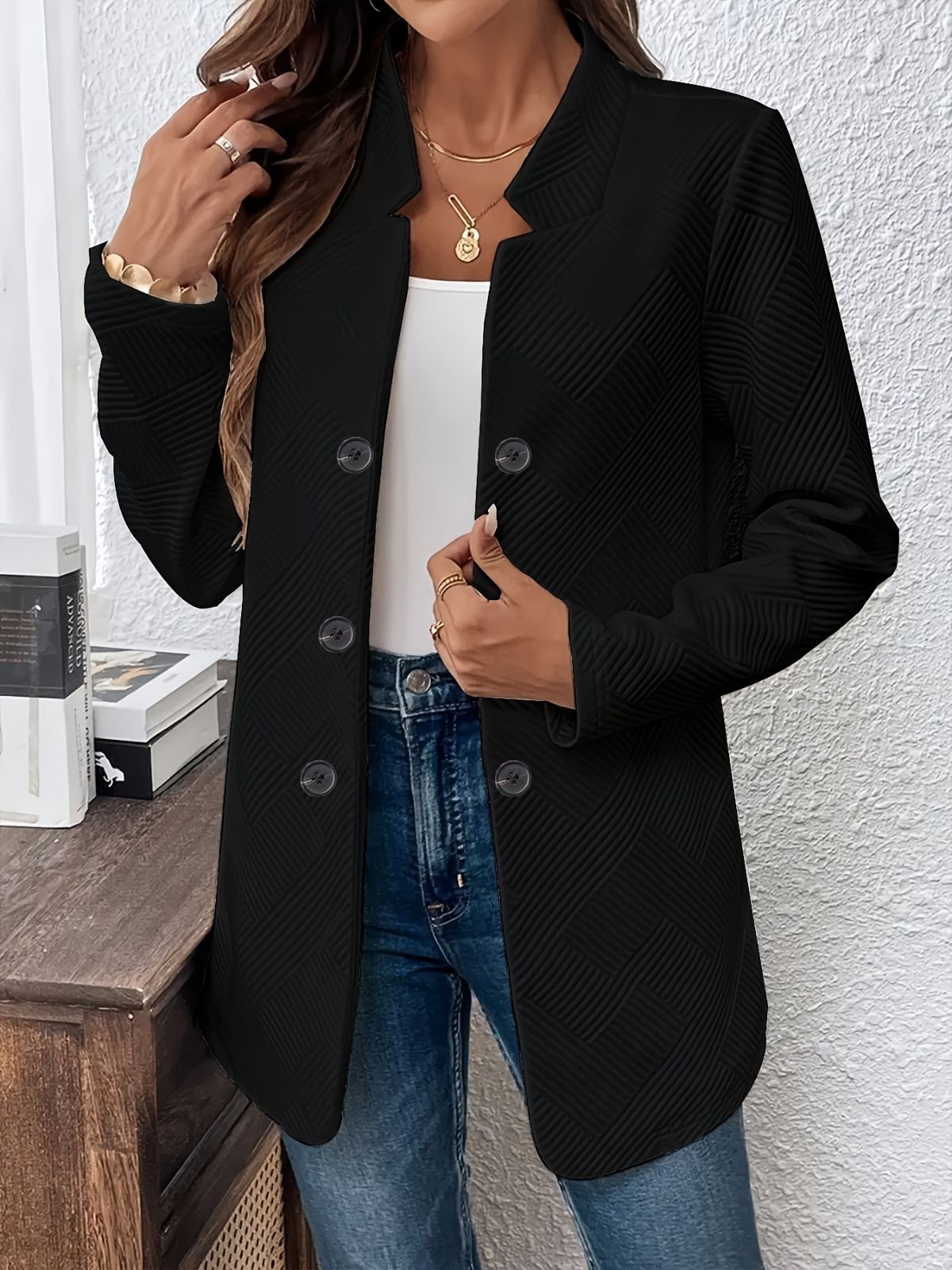 Micro-élasticité Col Montant Manches Longues Régulier Plain Blazer pour Femmes