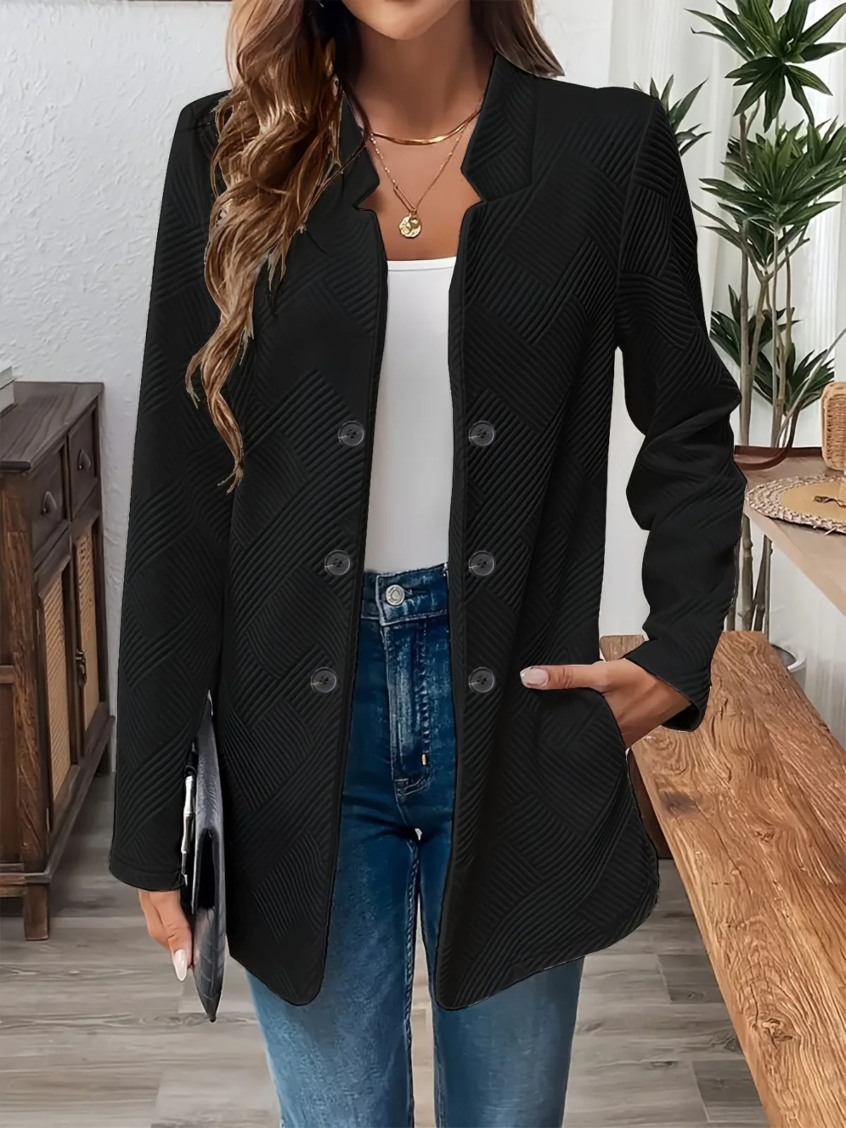 Micro-élasticité Col Montant Manches Longues Régulier Plain Blazer pour Femmes