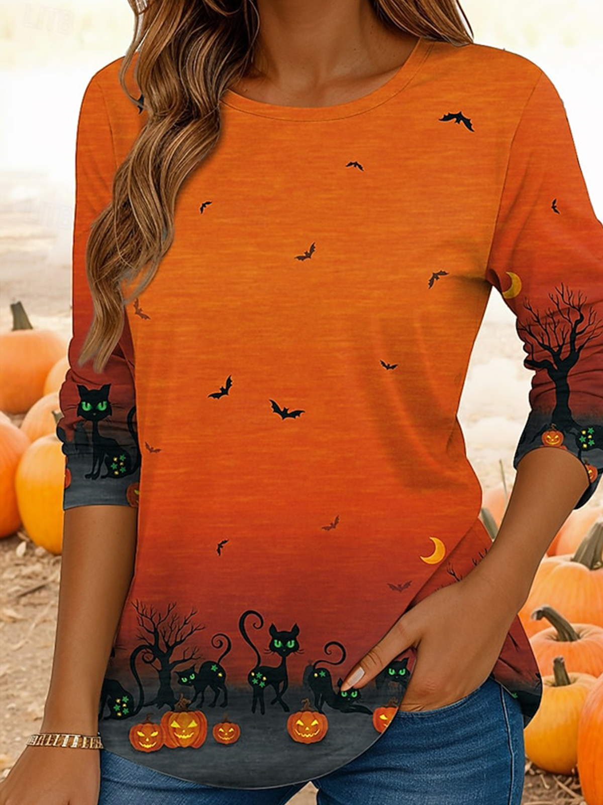 T-shirts Femmes Décontracté Printemps / Automne Toussaint Polyester Coupe Régulière Manches Longues Col Rond Régulier Régulier