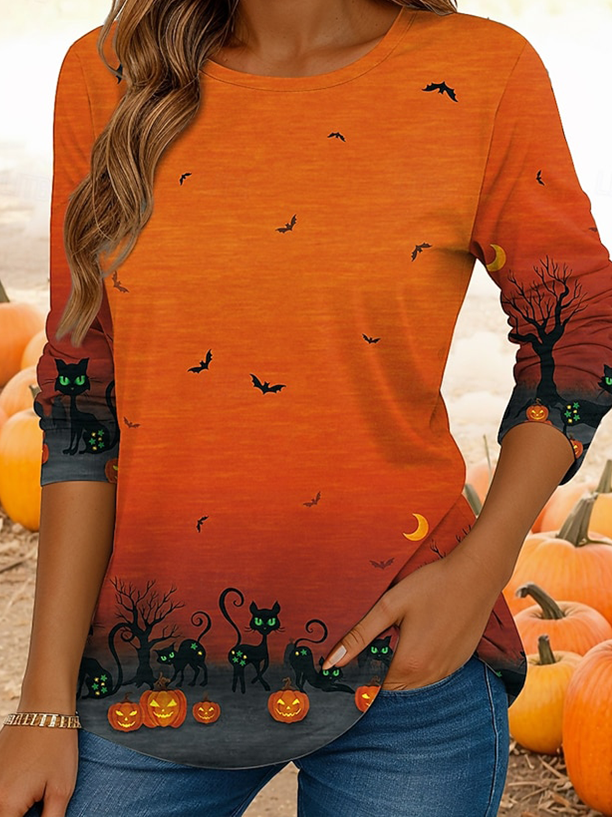 T-shirts Femmes Décontracté Printemps / Automne Toussaint Polyester Coupe Régulière Manches Longues Col Rond Régulier Régulier