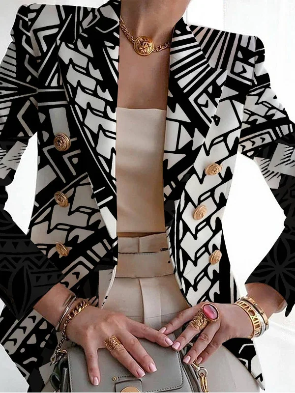 Micro-élasticité Manches Longues Devant Ouvert Régulier Géométrique Blazer Imprimé pour Femmes
