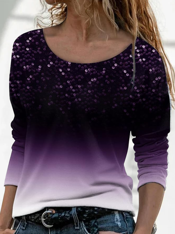 T-shirts Femmes Décontracté Ombre Printemps / Automne Micro-élasticité Ample Jersey Manches Longues Droit Régulier