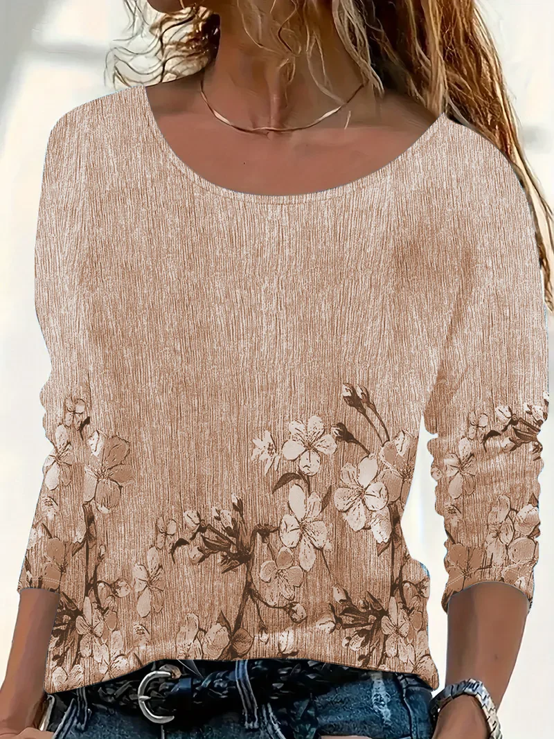 T-shirts Femmes Décontracté Floral Printemps / Automne Imprimé Micro-élasticité Quotidien Jersey Col Rond Droit
