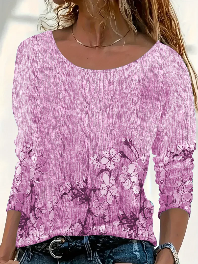 T-shirts Femmes Décontracté Floral Printemps / Automne Imprimé Micro-élasticité Quotidien Jersey Col Rond Droit