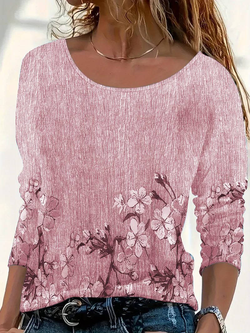 T-shirts Femmes Décontracté Floral Printemps / Automne Imprimé Micro-élasticité Quotidien Jersey Col Rond Droit